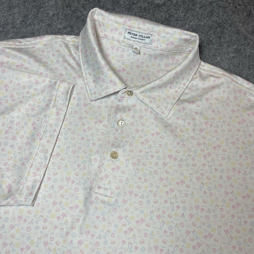 Peter Millar Summer Comfort Polo Mens XL Guitar Palm Tree Glass Sail Boat Print